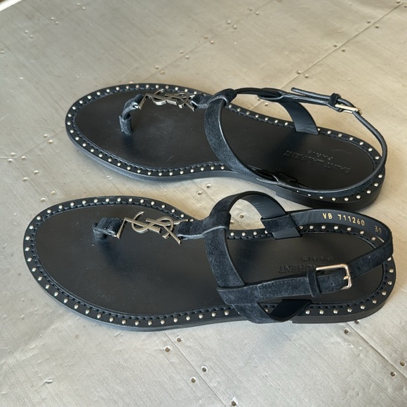 YSL Saint Laurent ysl black suede logo thong sandal flats silver sz 39 with box - Picture 6 of 9
